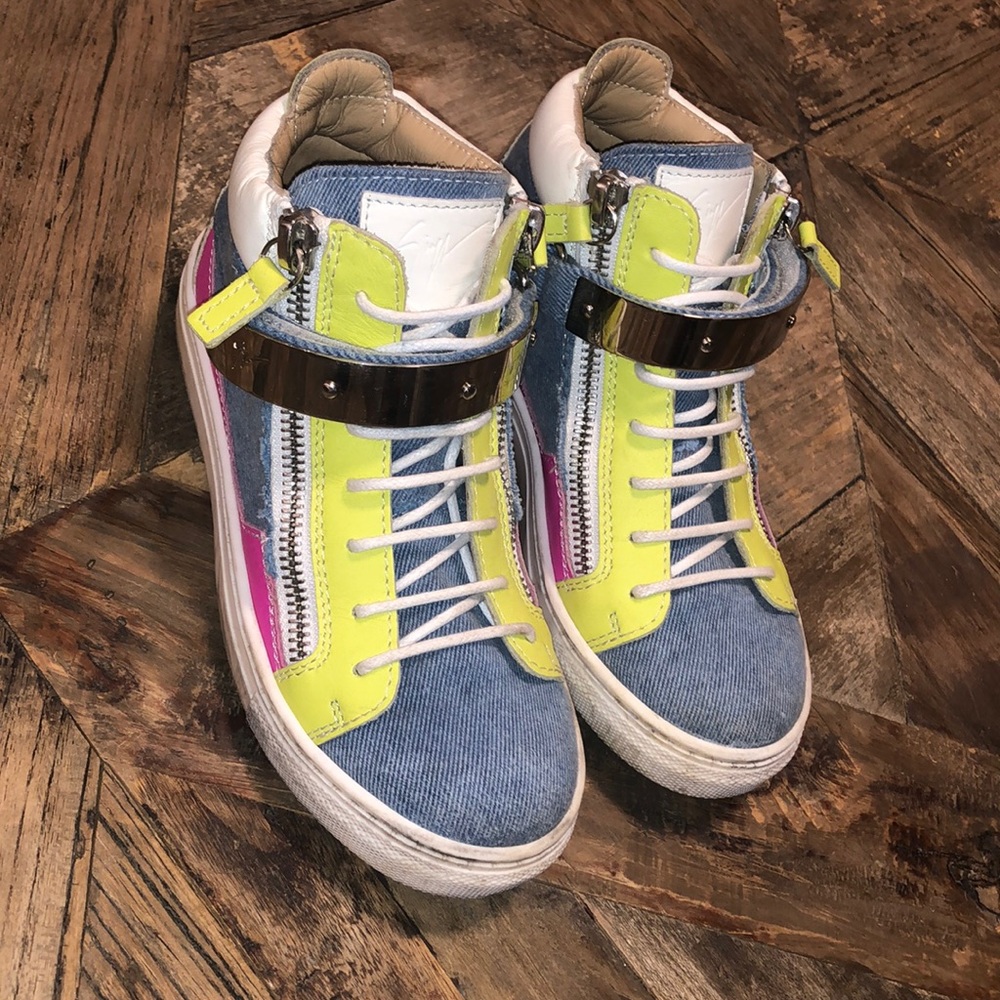 Giuseppe Zanotti Kids Neon and Denim High Tops Size 12.5 US